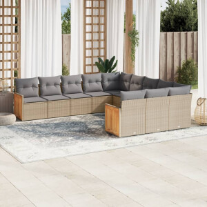 vidaXL 11-delige Tuinset met kussens poly rattan beige
