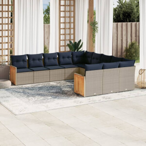 vidaXL 11-delige tuinbankset met kussens, grijs polyrotan