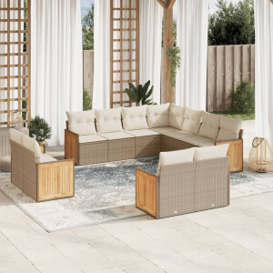 vidaXL 11-delige Tuinset met kussens poly rattan beige