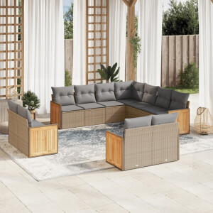 vidaXL 11-delige Tuinset met kussens poly rattan beige