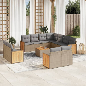 vidaXL 12-delige Loungeset met kussens poly rattan beige