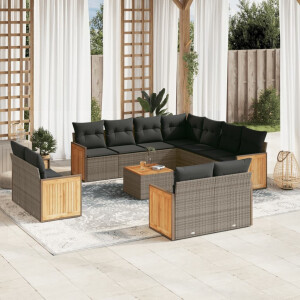 vidaXL 12-delige Loungeset met kussens poly rattan grijs