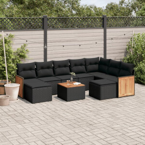 vidaXL 10-delige Loungeset met kussens poly rattan zwart