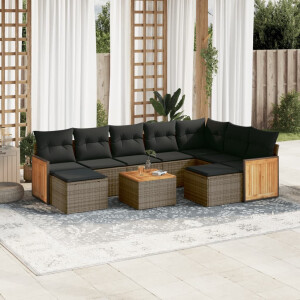 vidaXL 10-delige Loungeset met kussens poly rattan grijs