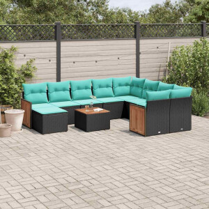 vidaXL 11-delige tuinbankset met kussens, zwart polyrotan