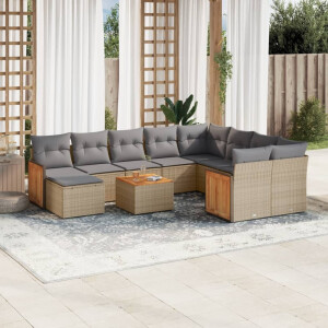 vidaXL 11-delige Tuinset met kussens poly rattan beige