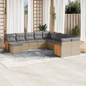 vidaXL 11-delige Tuinset met kussens poly rattan beige