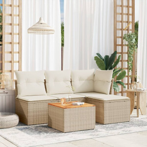 vidaXL 5-delige Loungeset met kussens poly rattan beige