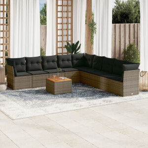 vidaXL 10-delige Loungeset met kussens poly rattan grijs