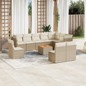 vidaXL 11-delige Tuinset met kussens poly rattan beige