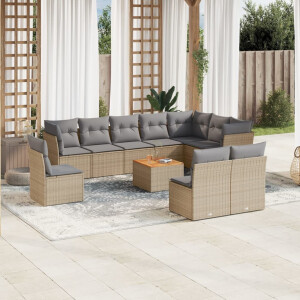 vidaXL 11-delige Tuinset met kussens poly rattan beige