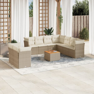 vidaXL 10-delige Loungeset met kussens poly rattan beige