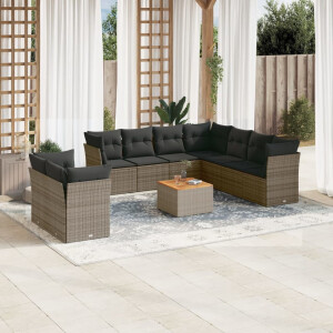 vidaXL 10-delige Loungeset met kussens poly rattan grijs