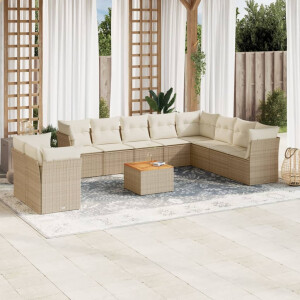 vidaXL 11-delige Tuinset met kussens poly rattan beige