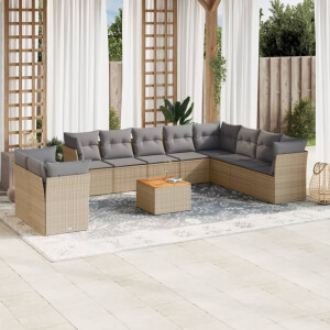 vidaXL 11-delige Tuinset met kussens poly rattan beige