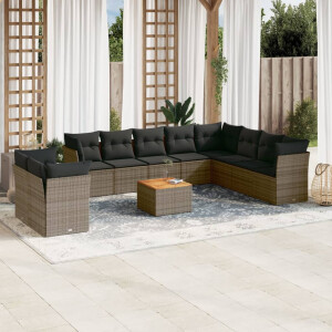vidaXL 11-delige Loungeset met kussens poly rattan grijs