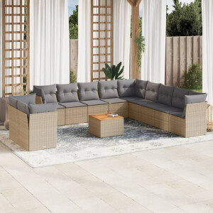 vidaXL 12-delige Loungeset met kussens poly rattan beige