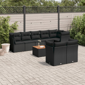 vidaXL 9-delige Loungeset met kussens poly rattan zwart