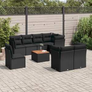 vidaXL 9-delige Loungeset met kussens poly rattan zwart