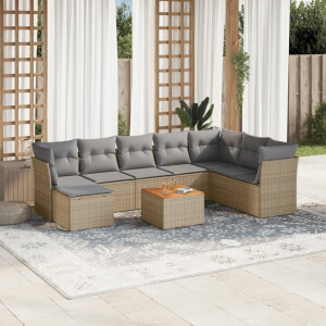 vidaXL 9-delige Loungeset met kussens poly rattan beige
