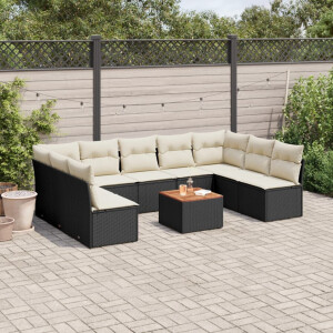 vidaXL 10-delige Loungeset met kussens poly rattan zwart