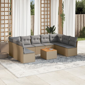 vidaXL 10-delige Loungeset met kussens poly rattan beige
