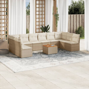 vidaXL 11-delige Tuinset met kussens poly rattan beige