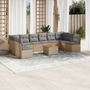 vidaXL 11-delige Tuinset met kussens poly rattan beige