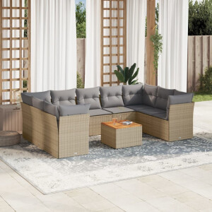 vidaXL 10-delige Loungeset met kussens poly rattan beige