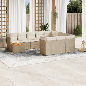vidaXL 11-delige Tuinset met kussens poly rattan beige
