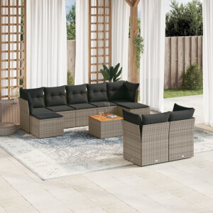 vidaXL 10-delige Loungeset met kussens poly rattan grijs