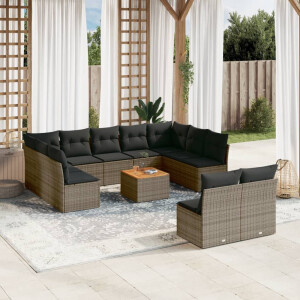 vidaXL 12-delige Loungeset met kussens poly rattan grijs