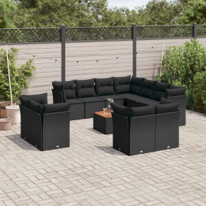 vidaXL 12-delige Loungeset met kussens poly rattan zwart