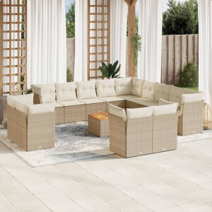 vidaXL 14-delige Loungeset met kussens poly rattan beige