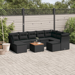 vidaXL 10-delige Loungeset met kussens poly rattan zwart