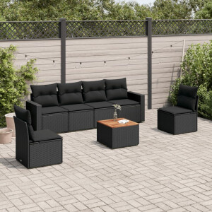 vidaXL 7-delige Loungeset met kussens poly rattan zwart
