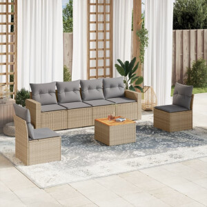vidaXL 7-delige Loungeset met kussens poly rattan beige