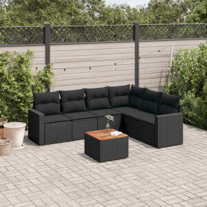 vidaXL 7-delige Loungeset met kussens poly rattan zwart