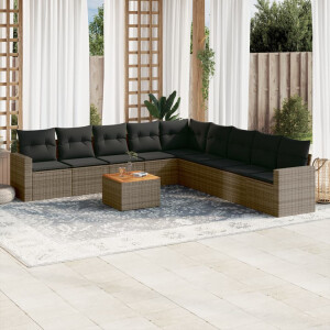 vidaXL 10-delige Loungeset met kussens poly rattan grijs