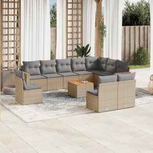vidaXL 11-delige Tuinset met kussens poly rattan beige