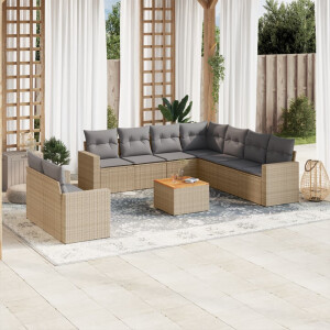 vidaXL 10-delige Loungeset met kussens poly rattan beige