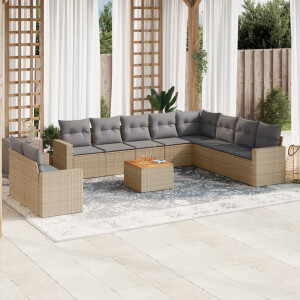 vidaXL 11-delige Tuinset met kussens poly rattan beige