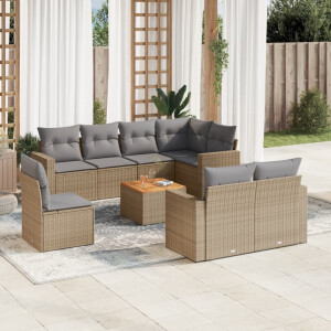 vidaXL 9-delige Loungeset met kussens poly rattan beige