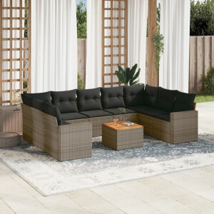 vidaXL 10-delige Loungeset met kussens poly rattan grijs