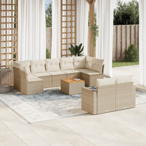 vidaXL 10-delige Loungeset met kussens poly rattan beige