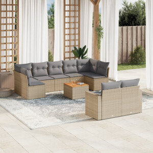 vidaXL 10-delige Loungeset met kussens poly rattan beige