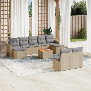 vidaXL 10-delige Loungeset met kussens poly rattan beige