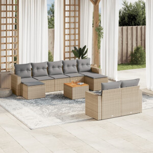 vidaXL 10-delige Loungeset met kussens poly rattan beige