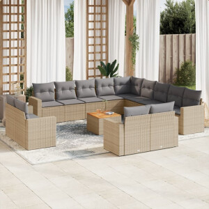 vidaXL 14-delige Loungeset met kussens poly rattan beige