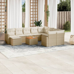 vidaXL 11-delige Tuinset met kussens poly rattan beige